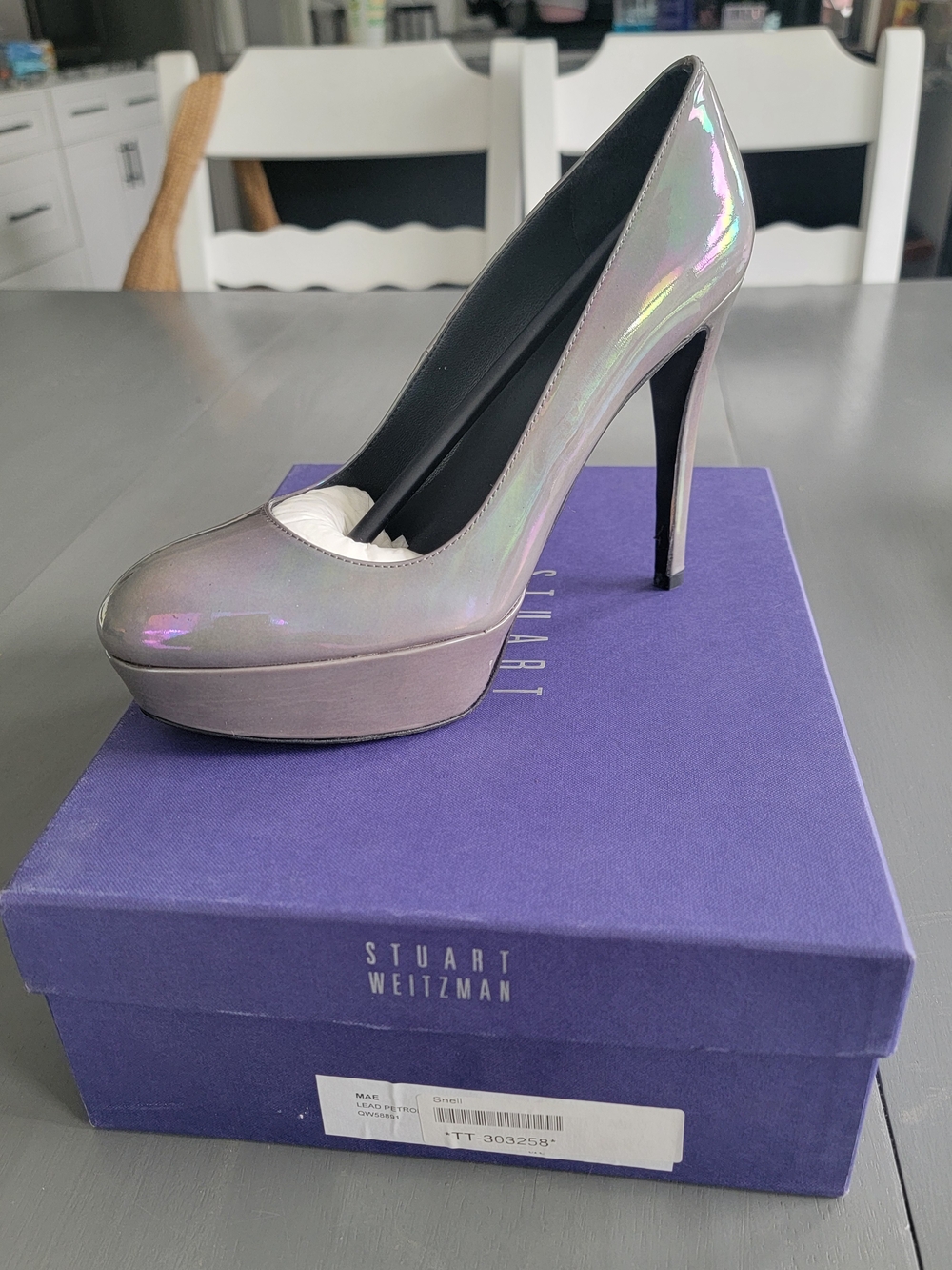 Stuart Weitzman Mae Holographic Platform Pumps Lead Petrol Size 8 M